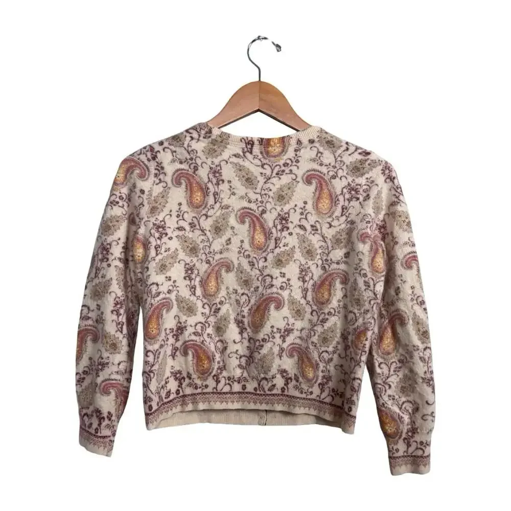 Women’s Lucky Brand Beige Paisley Knit Button Front Round Neck Cardigan Small